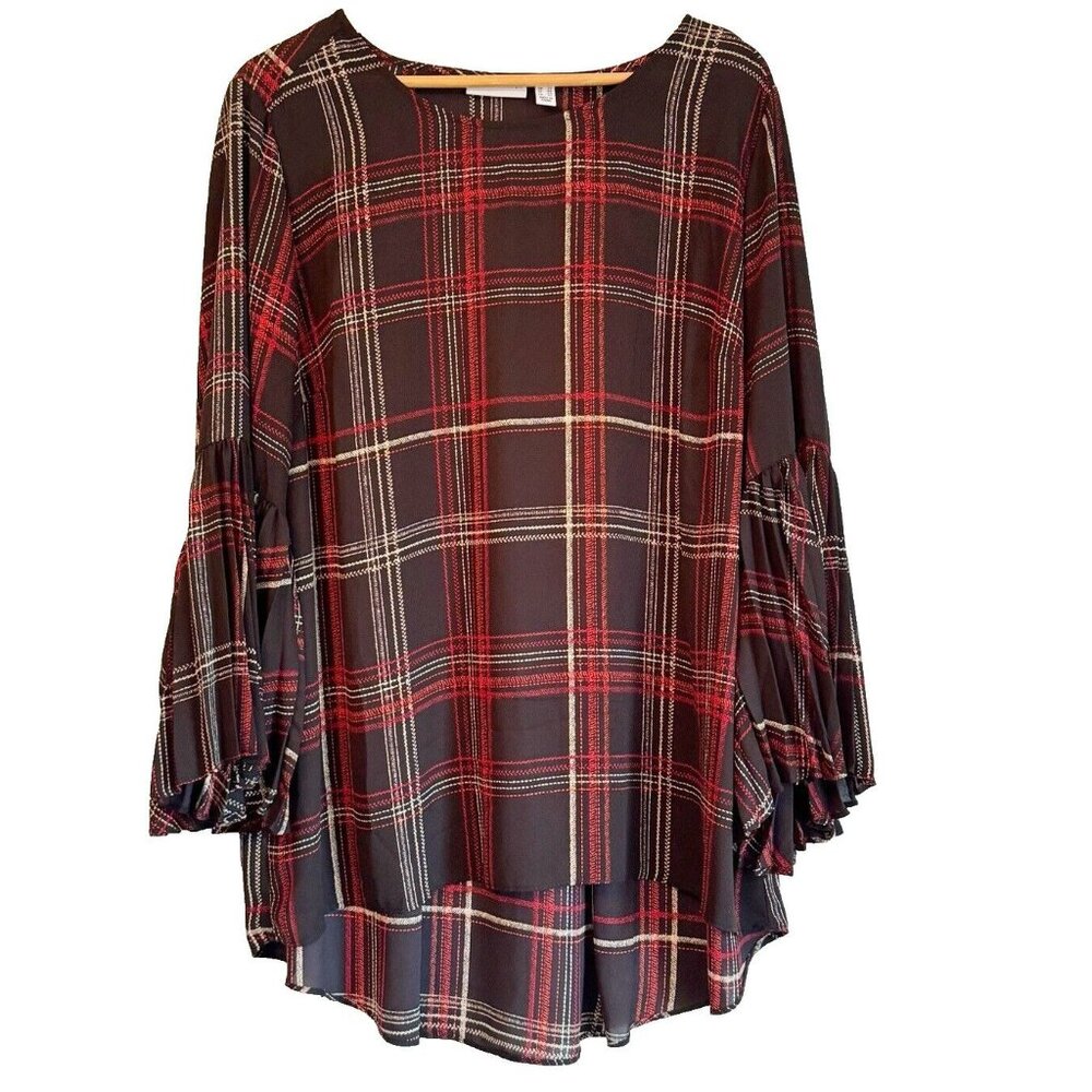 Susan Graver Black Red Plaid Top Womens 18W Pleated 3/4 Bell Sleeve Quiet Luxury